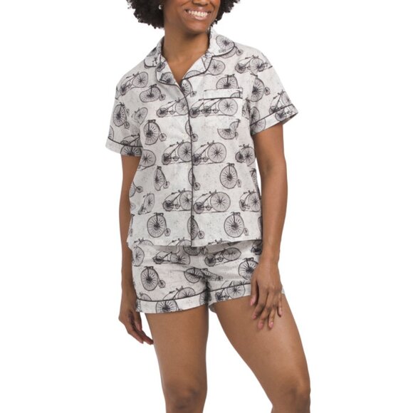 CRAFTED BY MAHOGANY Cream/Black 2pc Cotton Bicycle Shorty Pajama Set - Picture 1 of 2